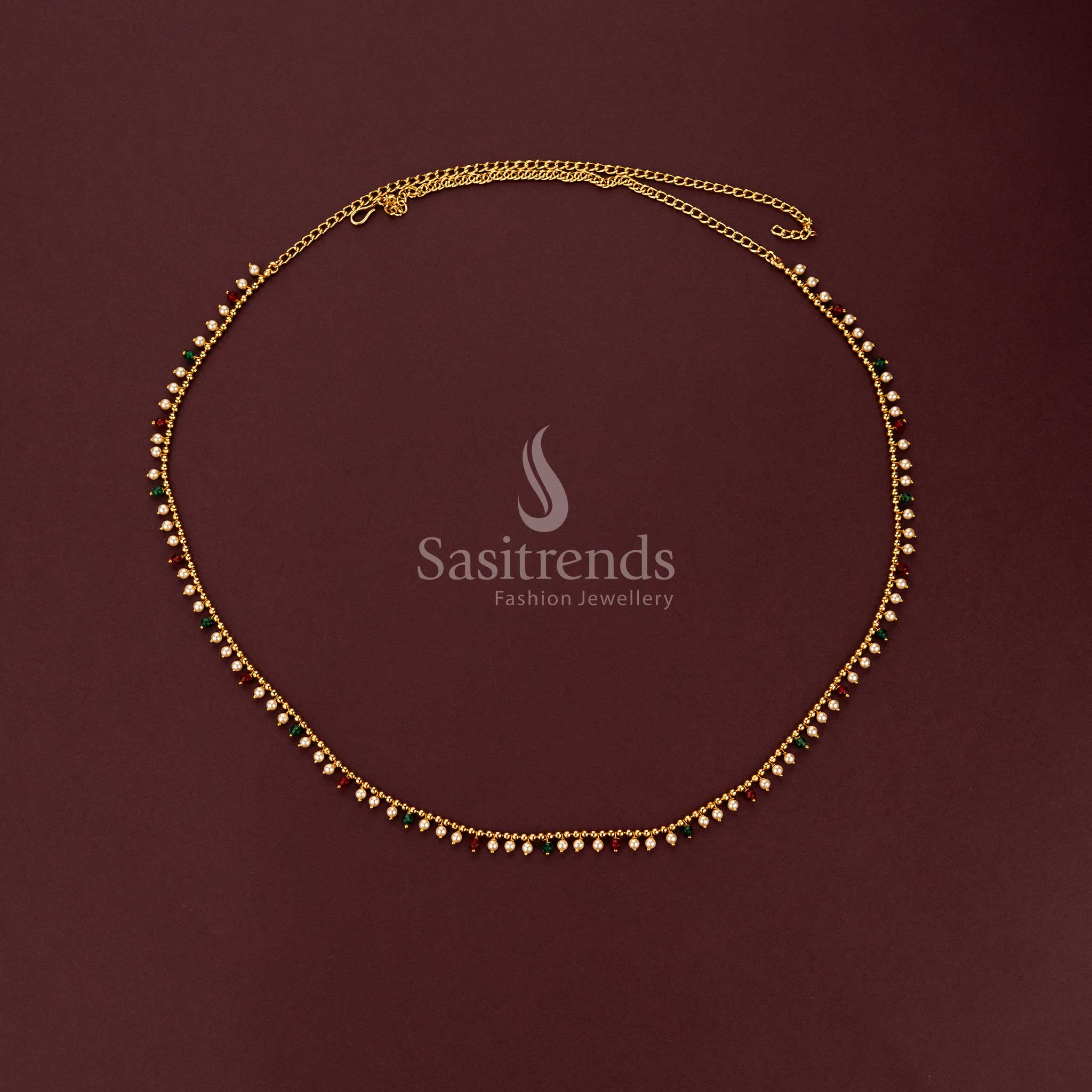 Antique gold plated single line hip belt with dangling pearls and ruby-emerald beads 2594H - Sasitrends