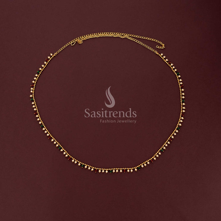 Antique gold plated single line hip belt with dangling pearls and ruby-emerald beads 2594H - Sasitrends