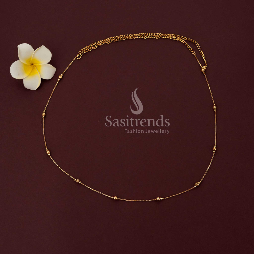 Elegant box chain kamarband with textured bead accents in premium gold plating sasitrends