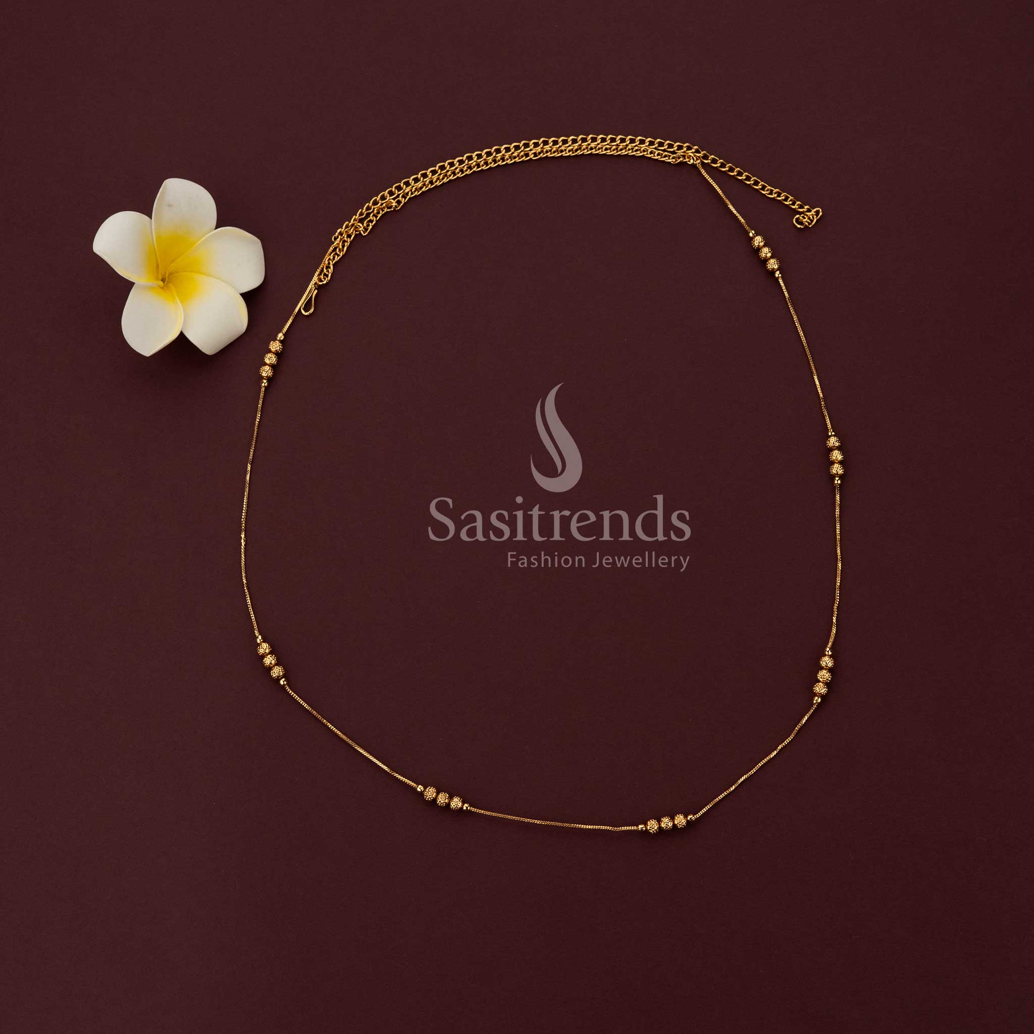Traditional antique gold plated multi-bead sleek chain hipbelt with triple bead clusters sasitrends