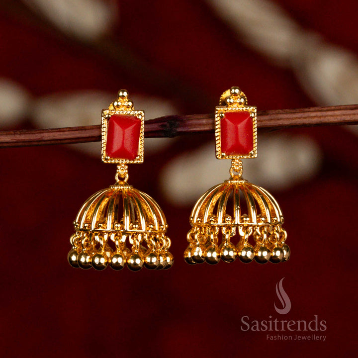 Micro Gold Plated Jhumka Earrings with Rectangular Stone – Sasitrends