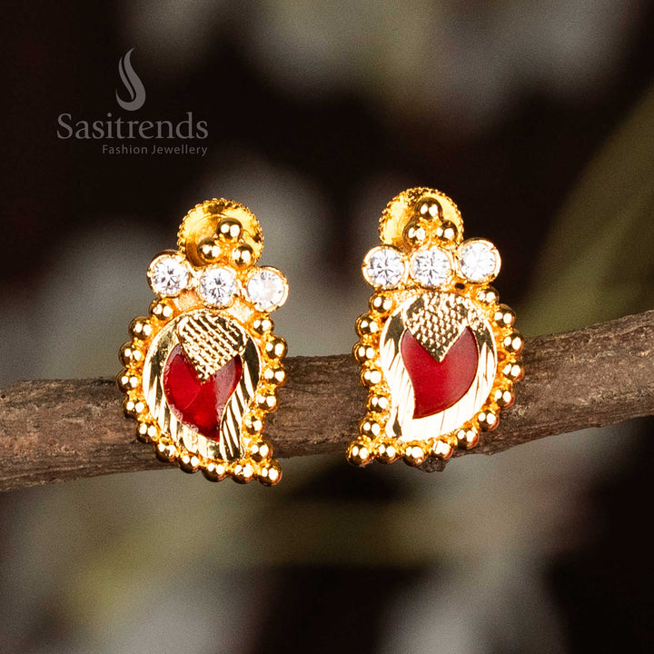 Micro gold plated red Palakka earrings designed in a Kerala temple style with mango motifs and three shimmering AD stones – radiant festive jewellery from the house of Sasitrends