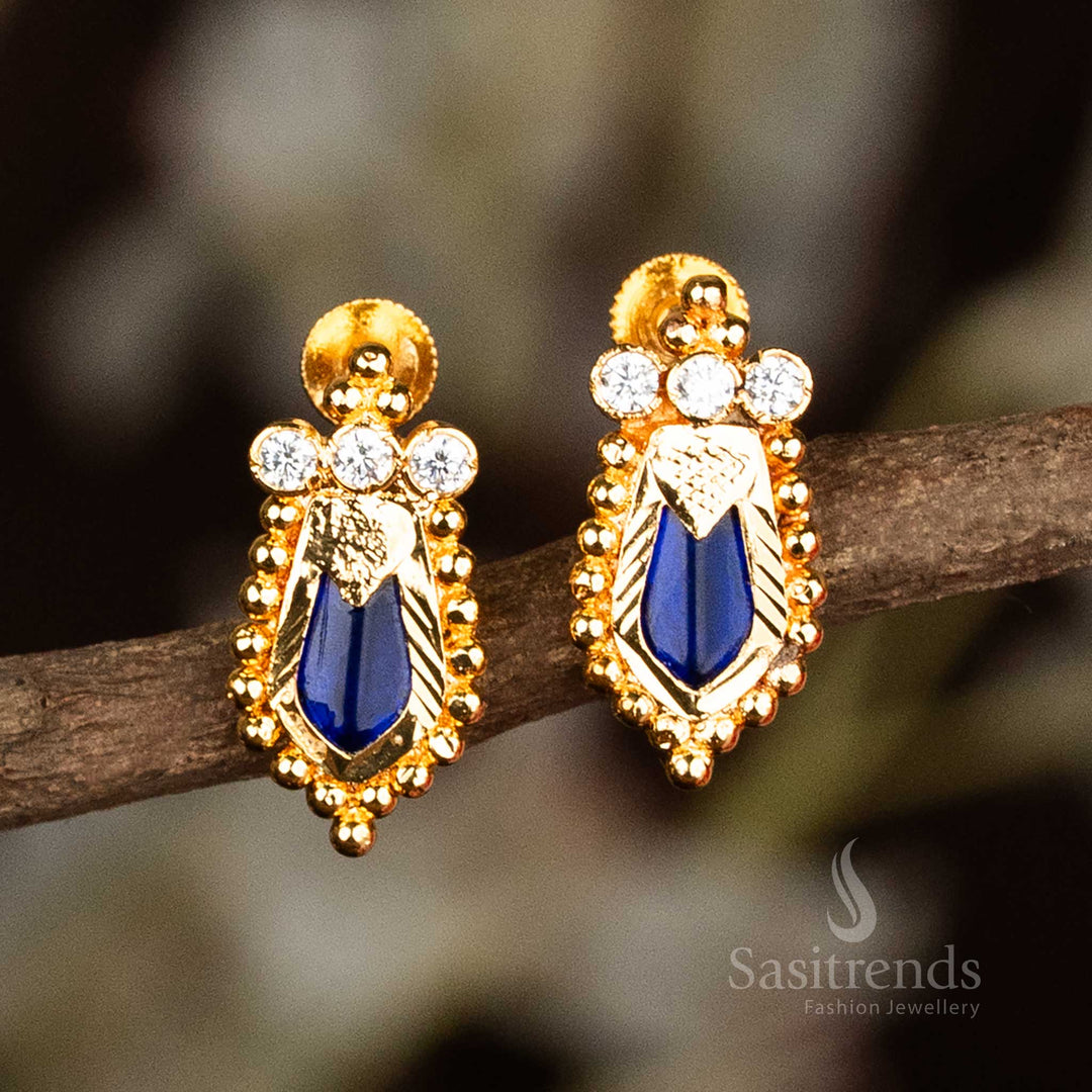 Blue Palakka Nagapadam earrings set in micro gold, crowned with three radiant American diamond stones – classic Kerala traditional jewellery crafted for temple occasions by Sasitrends