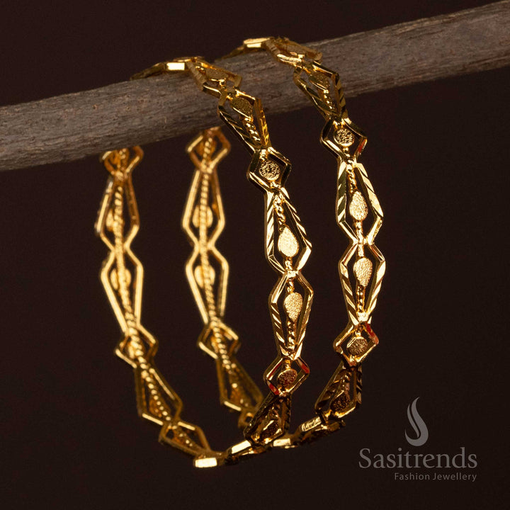 Stunning Micro Gold Plated Designer Pair of 2 Geometric Patterned Bangles – One Gram – Guaranteed Finish – Looks Like Real Gold – Using 24 Carat Pure Gold - Sasitrends