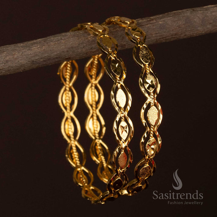 Stunning Micro Gold Plated Designer Pair of 2 Bangles with Twisted Oval Motif Structure – One Gram Guaranteed Finish - Sasitrends
