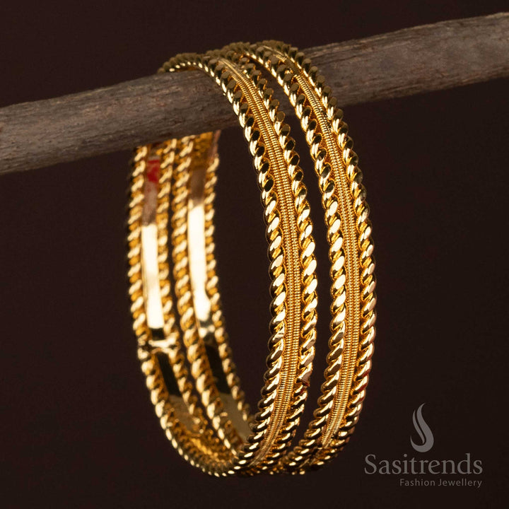 Amazing Micro Gold Plated One Gram Designer Bangle Pair with Twisted Edge Rope Pattern and Central Wire Design Guaranteed - Sasitrends