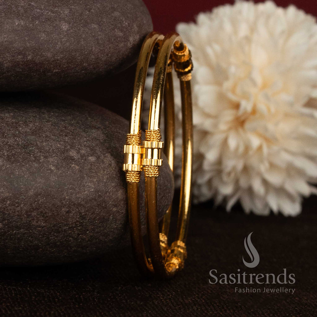 Gorgeous sleek threaded cylinder node micro gold plated bangles for daily wear - Sasitrends