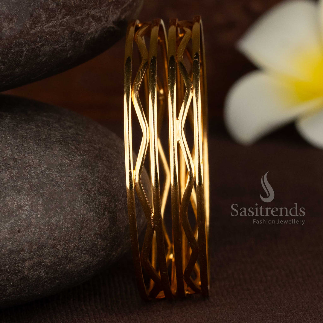 Zig-Zag / Interlaced Openwork Design pair of 2 one gram micro gold plated daily and casual wear bangles that look like real gold 