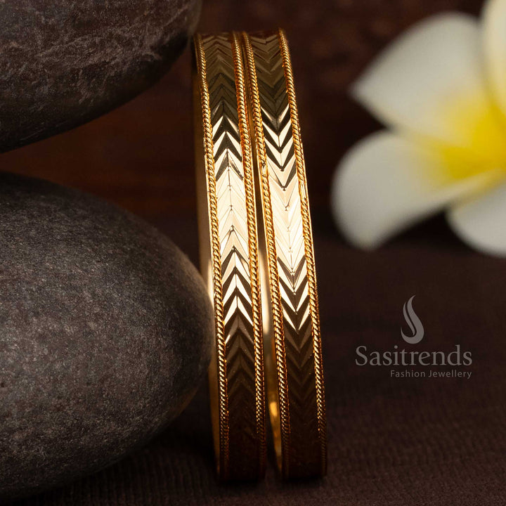 Micro Gold Plated Chevron V-Pattern Bangles – Pair of 2 for Daily & Casual Wear That Look Like Real Gold