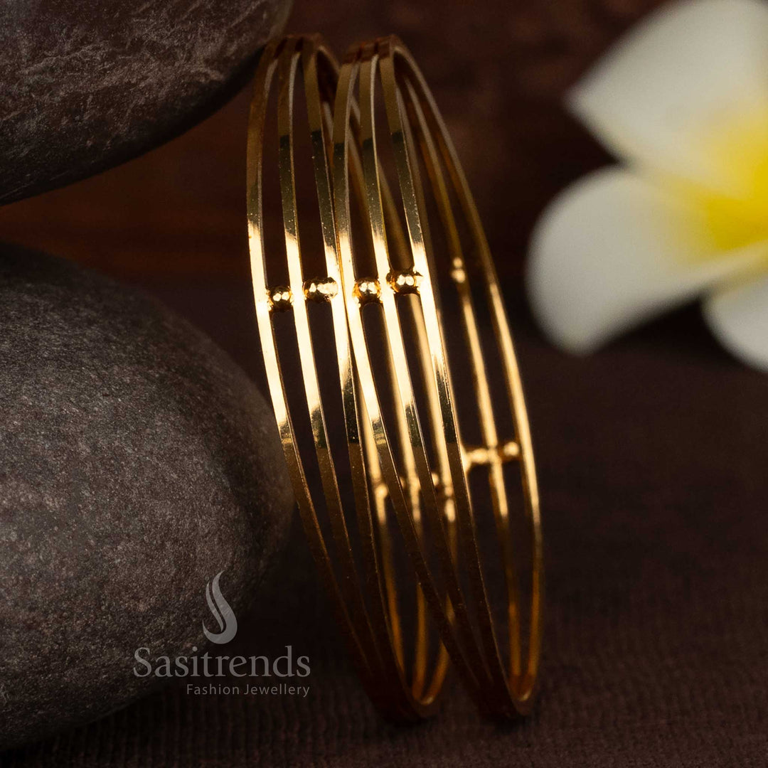 Elegant micro gold plated pair of 2 frosted three-line bangles for everyday ethnic styling