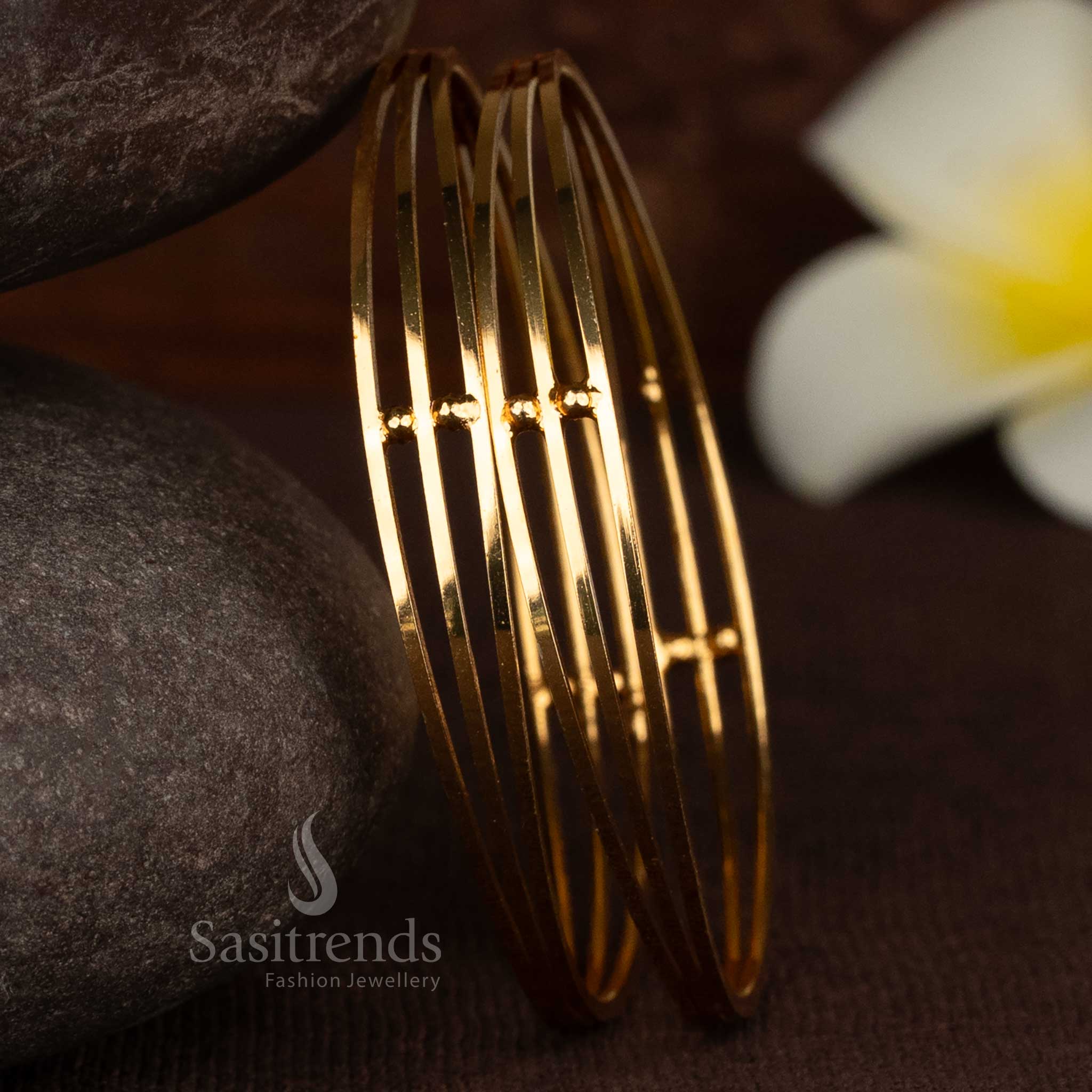 Elegant micro gold plated pair of 2 frosted three-line bangles for everyday ethnic styling