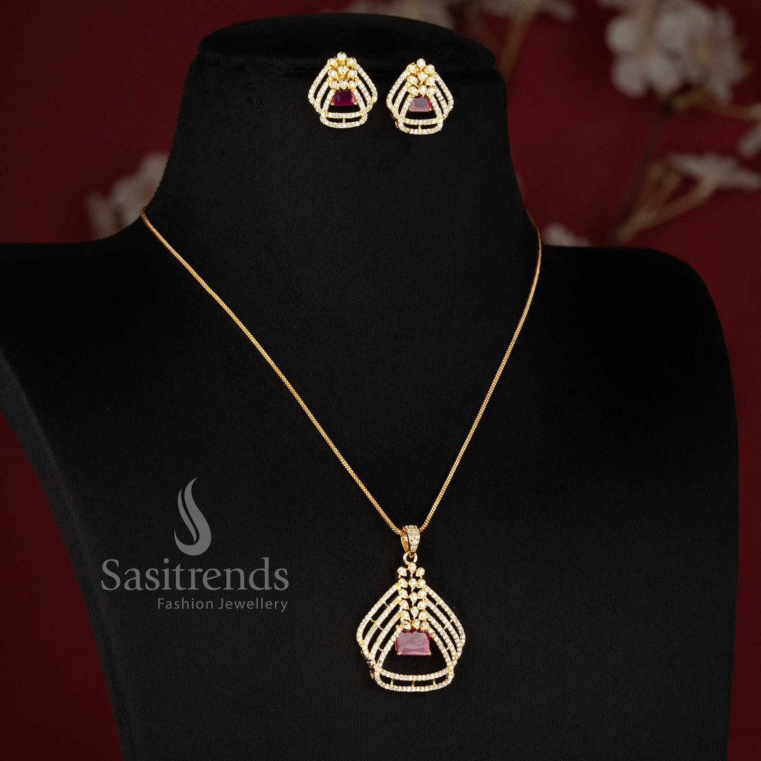 Elegant micro gold plated ruby pendant chain necklace set for festive and party wear - Sasitrends