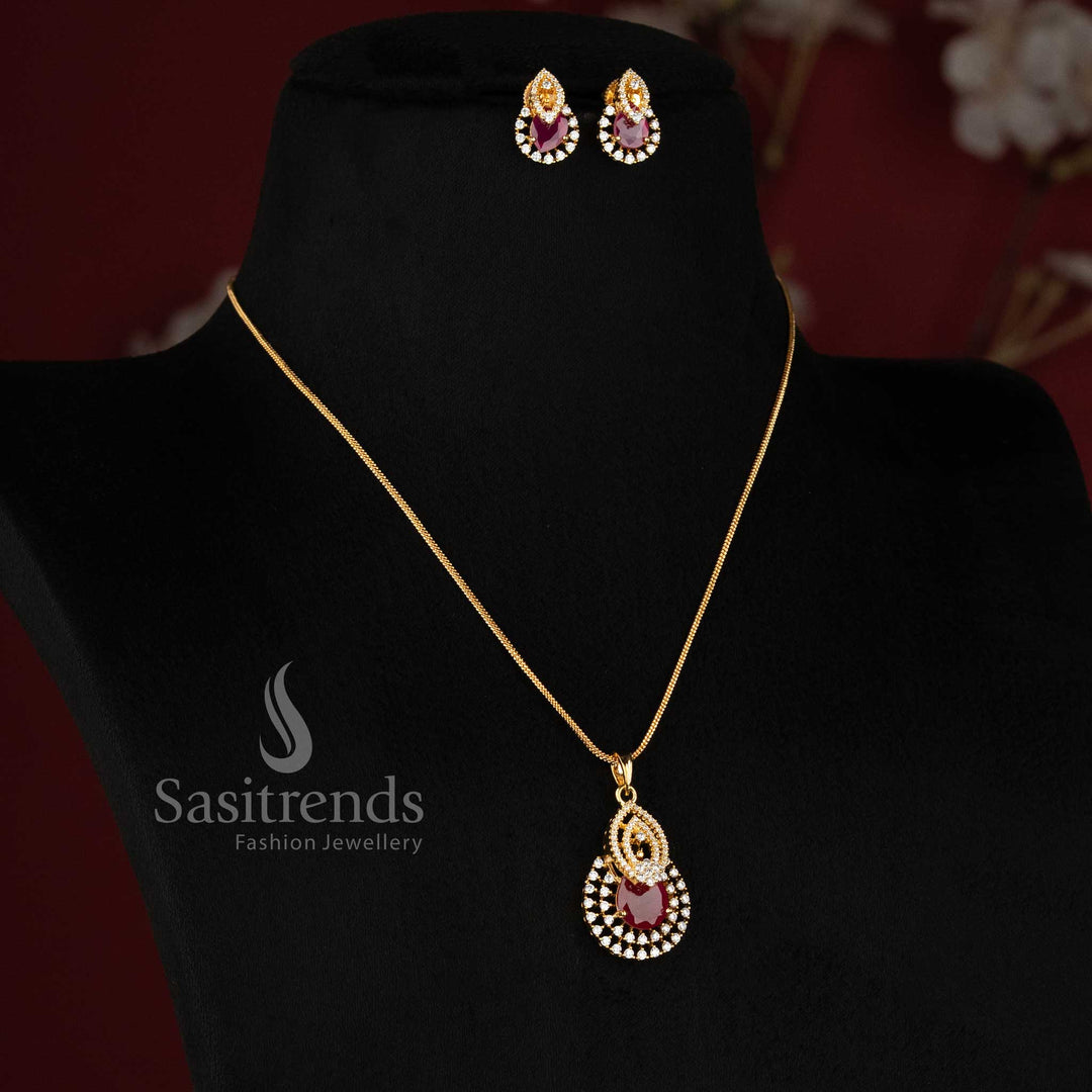 Radiant Micro Gold Plated American Diamond Teardrop Pendant Necklace Set Sasitrends