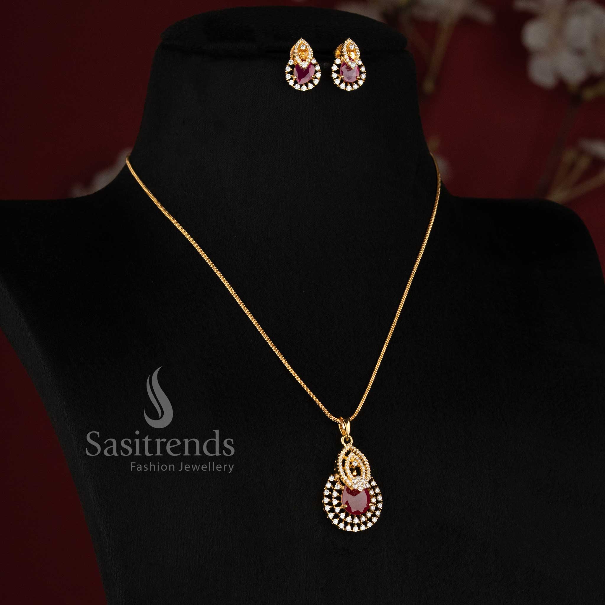 Radiant Micro Gold Plated American Diamond Teardrop Pendant Necklace Set Sasitrends