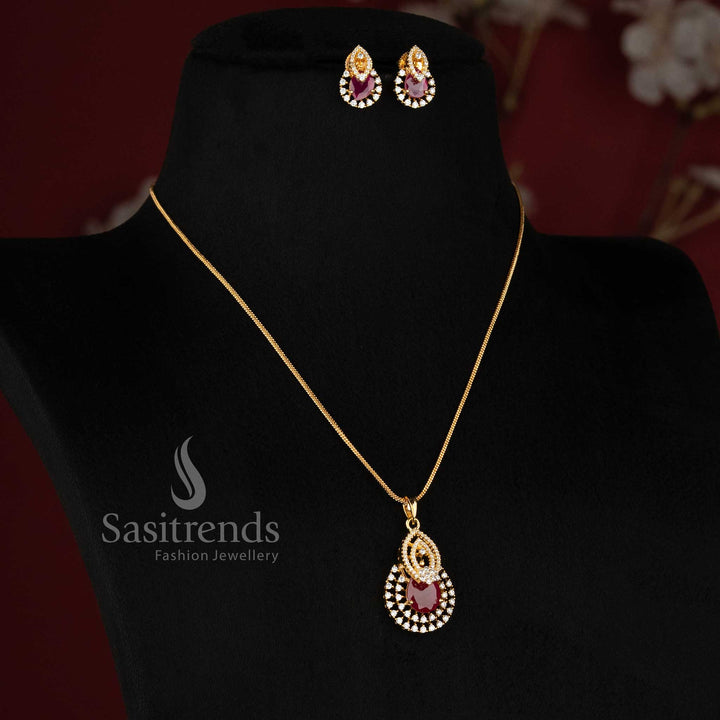 Radiant Micro Gold Plated American Diamond Teardrop Pendant Necklace Set Sasitrends