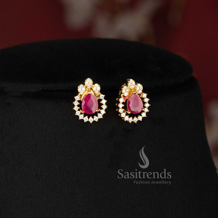 Ruby Teardrop Radiance pendant chain necklace with matching American Diamond stud earrings - Sasitrends