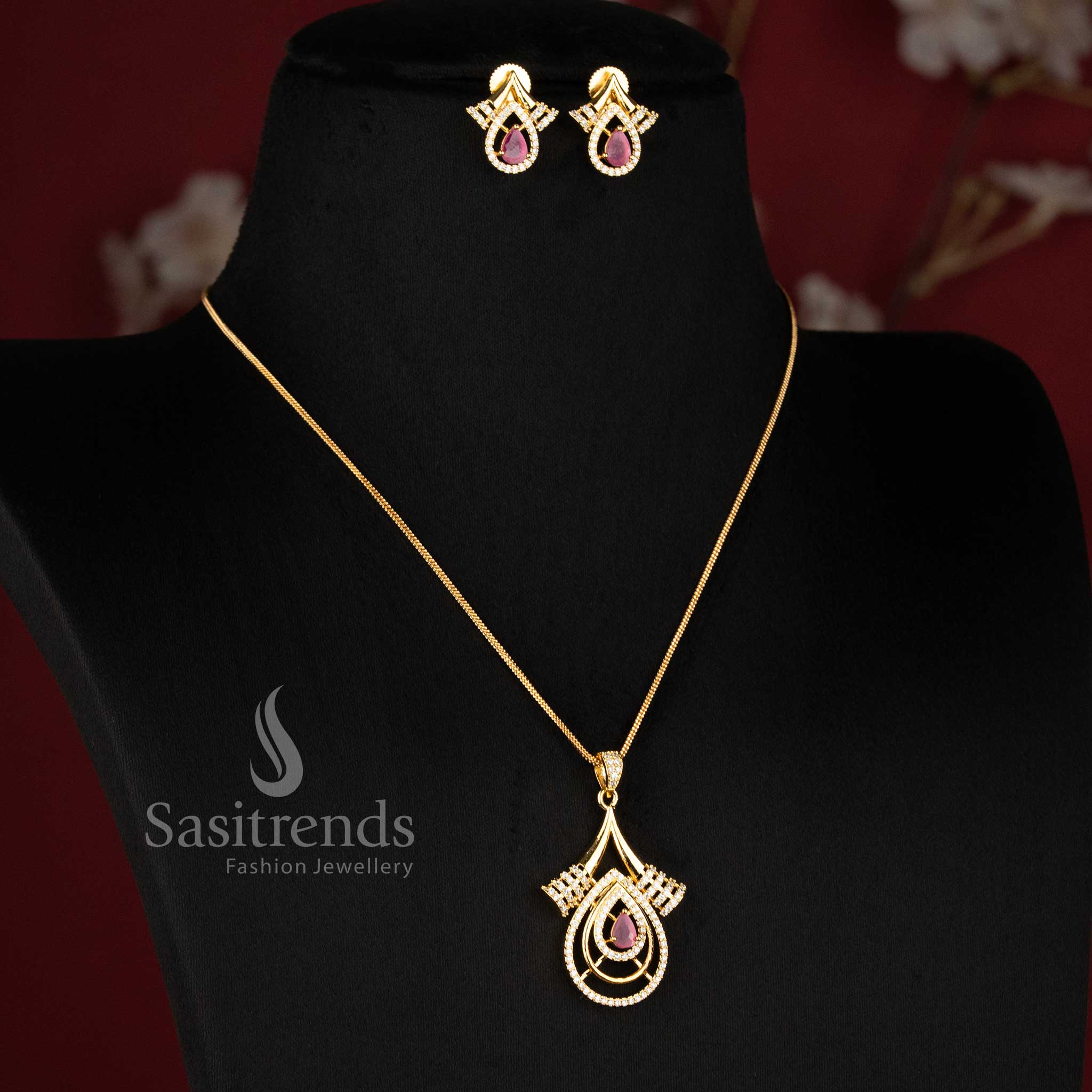 Micro Gold Plated White AD & Ruby Abstract Arch Drop Pendant Chain Necklace Set - Sasitrends