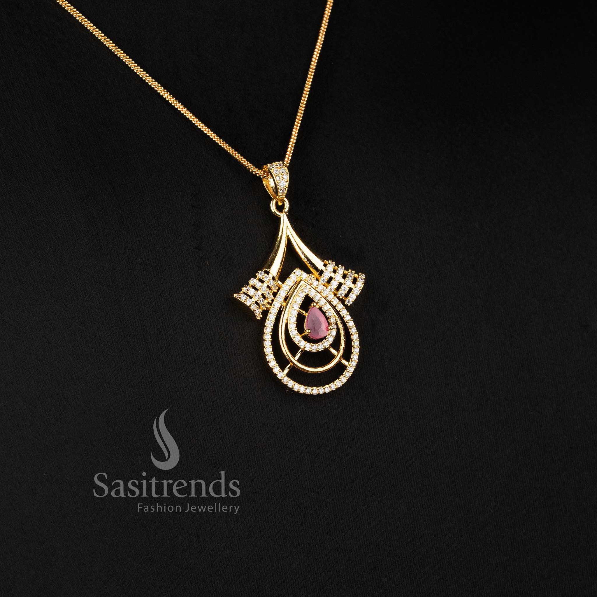 Elegant American Diamond arch pendant with ruby drop stone perfect for party wear - Sasitrends