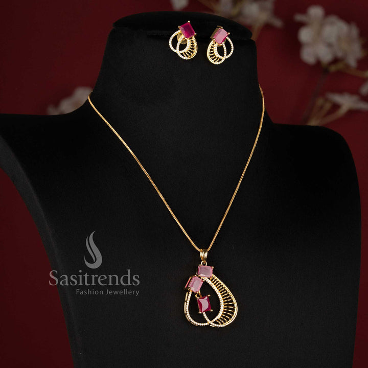 American Diamond Micro Gold Plated Ruby Pendant Chain Necklace Set with matching feather-inspired earrings for festive and party wear - Sasitrends