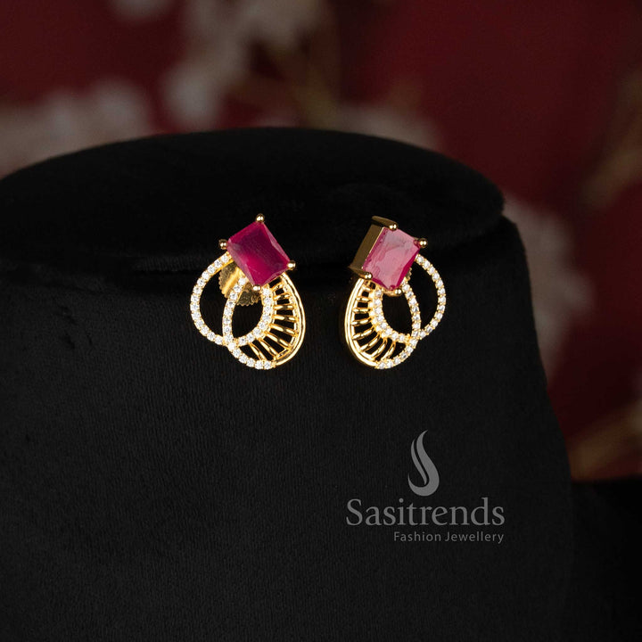 American Diamond Micro Gold Plated Ruby Mayura Feather Bloom Pendant Chain Necklace Set with Matching Earrings - Sasitrends