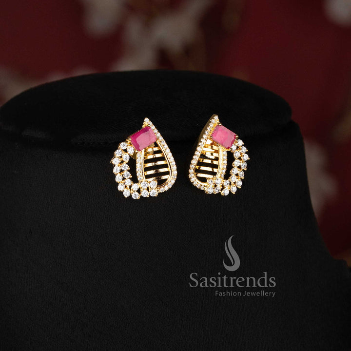 Elegant Regal Ruby Teardrop Loop American Diamond jewellery set with Micro Gold Plated finish for sarees, Anarkalis, festive gatherings and special occasions - Sasitrends