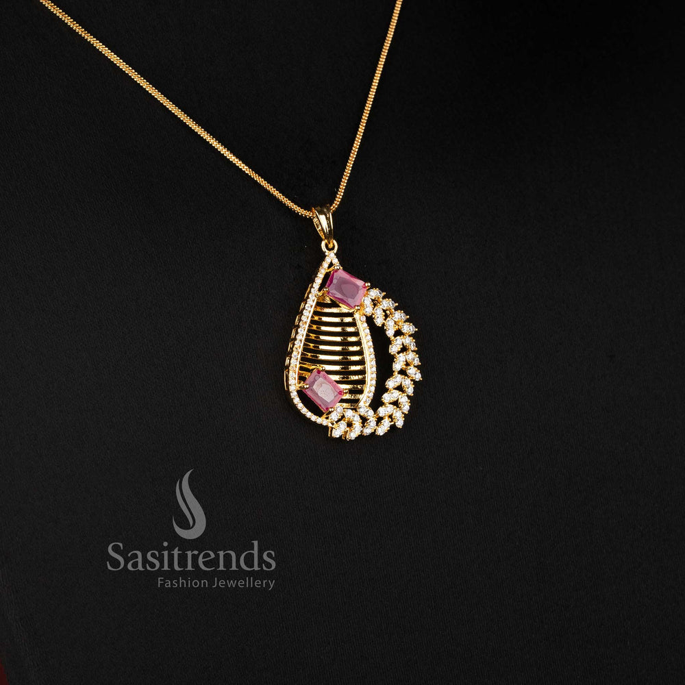 American Diamond Micro Gold Plated Duo Ruby Pendant Chain Necklace Set with matching earrings for festive wear, party wear and trendy occasions - Sasitrends