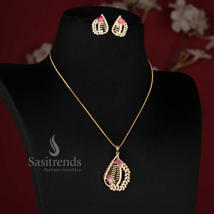 Beautiful American Diamond leaf-cluster Border Micro Gold Plated Teardrop Loop Chain Necklace Jewellery Sets - Sasitrends