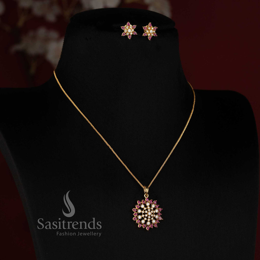 One Gram 24K Micro Gold Plated Sunburst AD Stone Pendant Chain for Festive Wear - Sasitrends