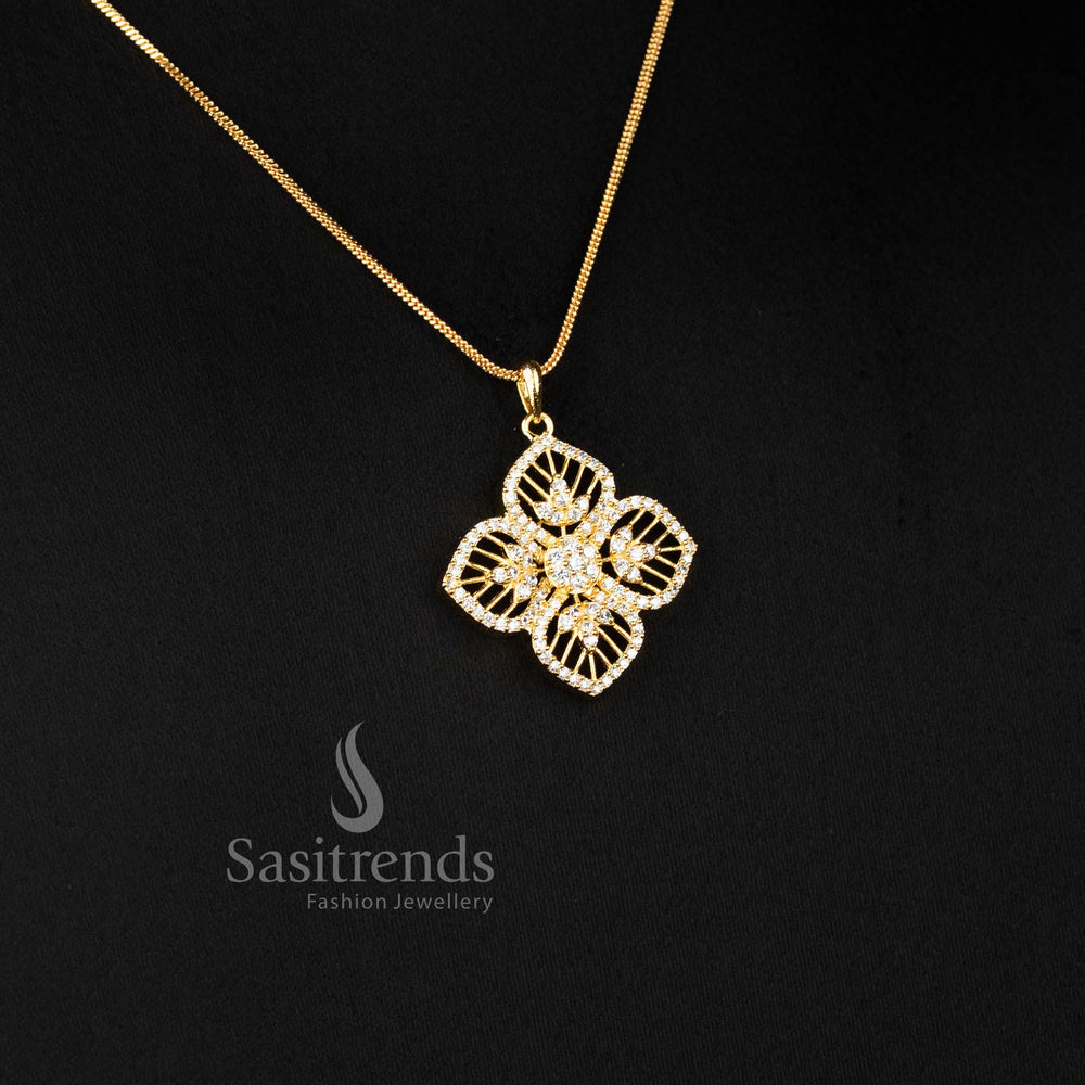 Micro gold plated four-leaf floral pendant necklace set for festive and party wear - Sasitrends