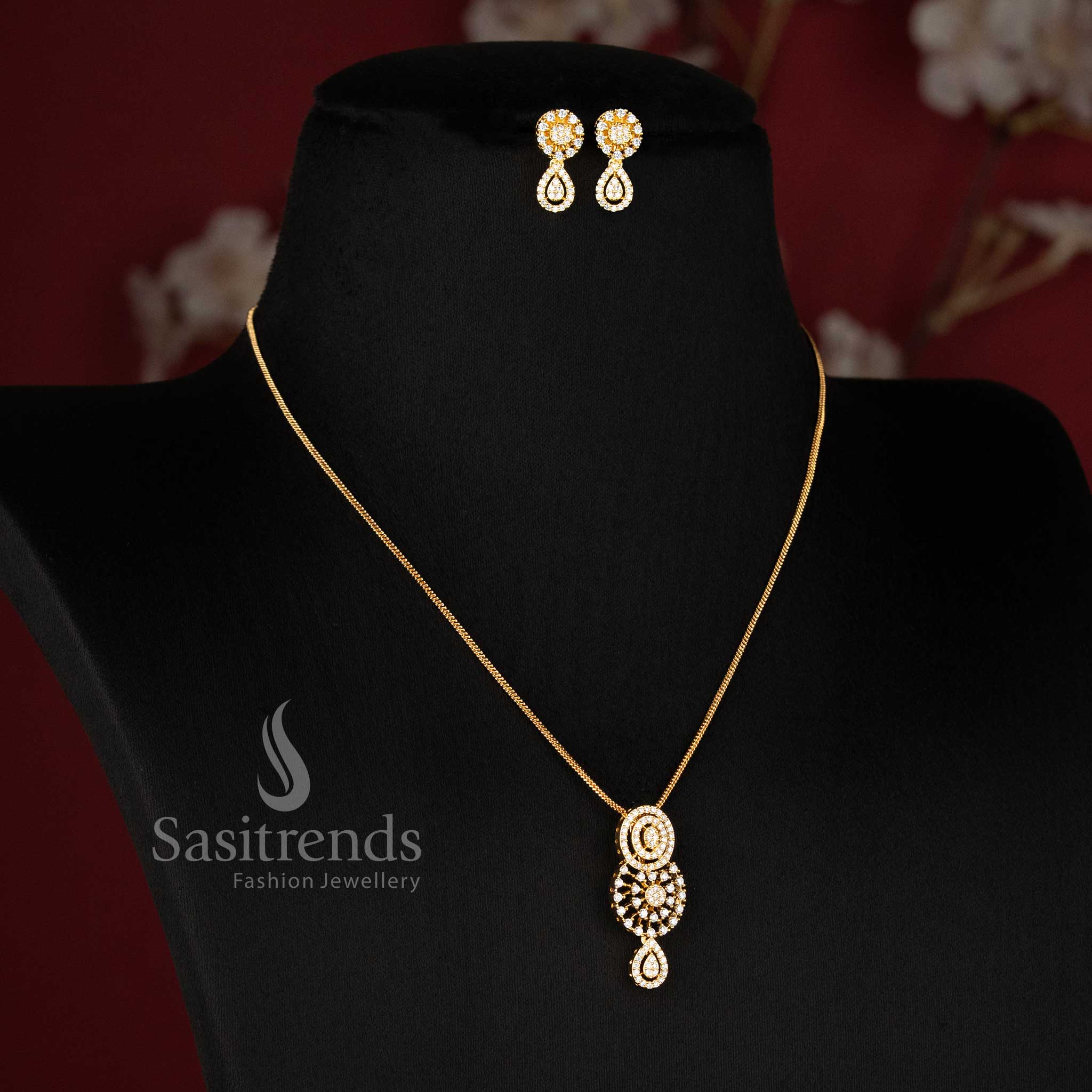 Elegant American Diamond layered teardrop pendant necklace set for festive and party wear - Sasitrends