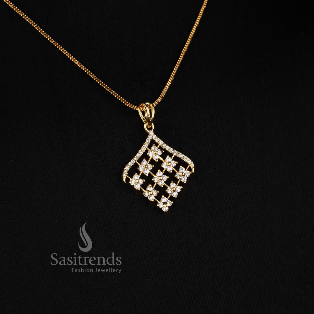 Micro Gold Plated Diamond Lattice AD Stone Pendant Chain Necklace Set with Ear Studs - Sasitrends
