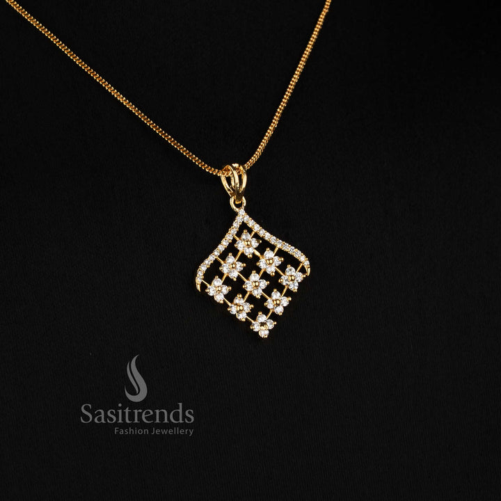 Micro Gold Plated Diamond Lattice AD Stone Pendant Chain Necklace Set with Ear Studs - Sasitrends