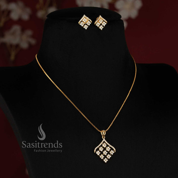 Micro Gold Plated Diamond Lattice AD Stone Pendant Chain Necklace Set with Ear Studs - Sasitrends