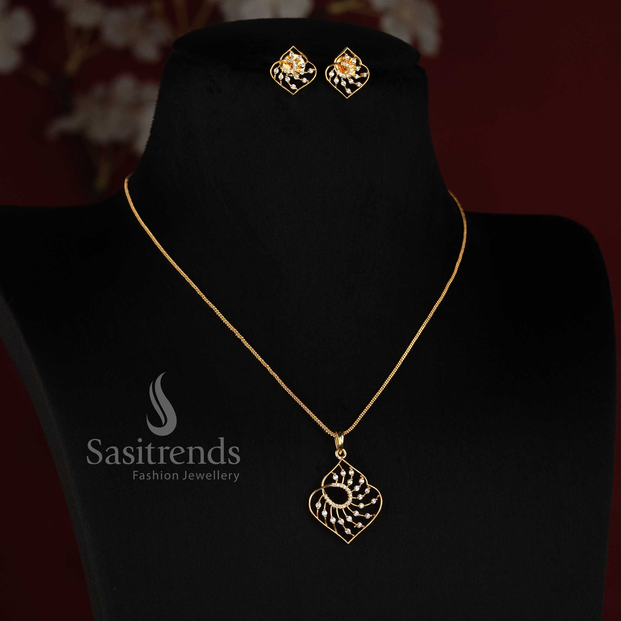 Micro Gold Plated Openwork Leaf Swirl AD Stone Pendant Chain Necklace Set with Ear Studs - Sasitrends