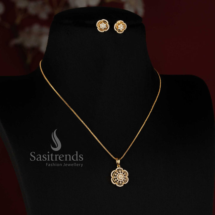 Micro Gold Plated Scalloped Floral AD Pendant Chain Set for Festive and Party Wear - Sasitrends