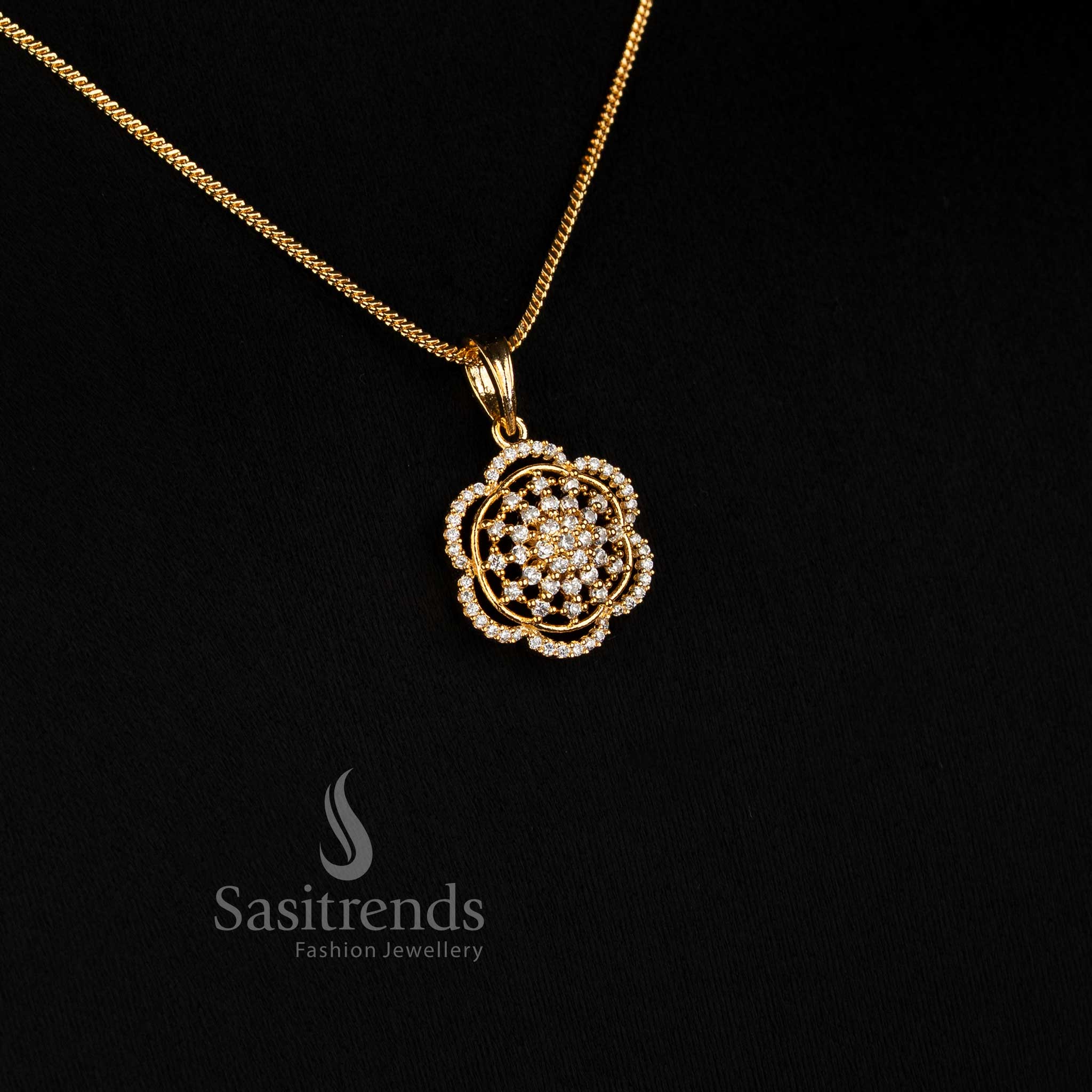 Dazzling Micro Gold Plated Scalloped Floral AD Stone Pendant Chain Necklace Set with Ear Studs - Sasitrends