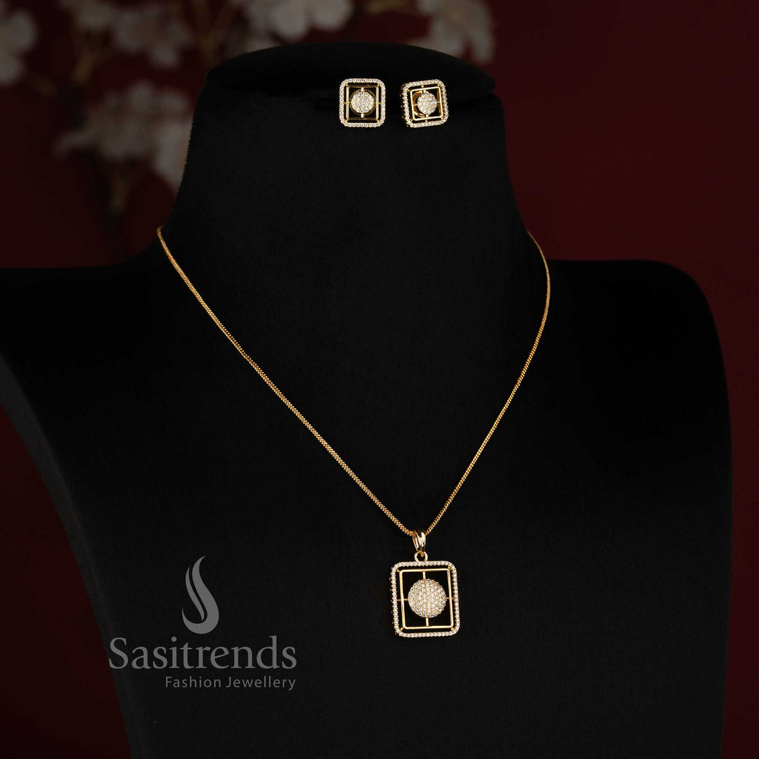 Elegant Micro Gold Plated Square Frame Pendant with Pavé AD Stone Centre and Matching Chain - Sasitrends