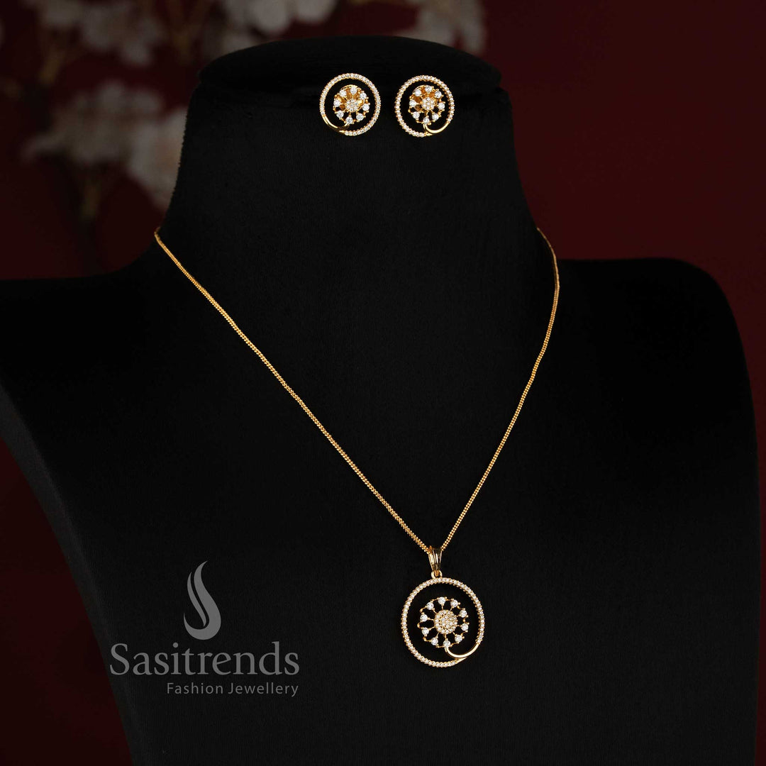Elegant Micro Gold Plated Round Pendant with Radiating AD Stone Cluster and Spiral Detail - Sasitrends