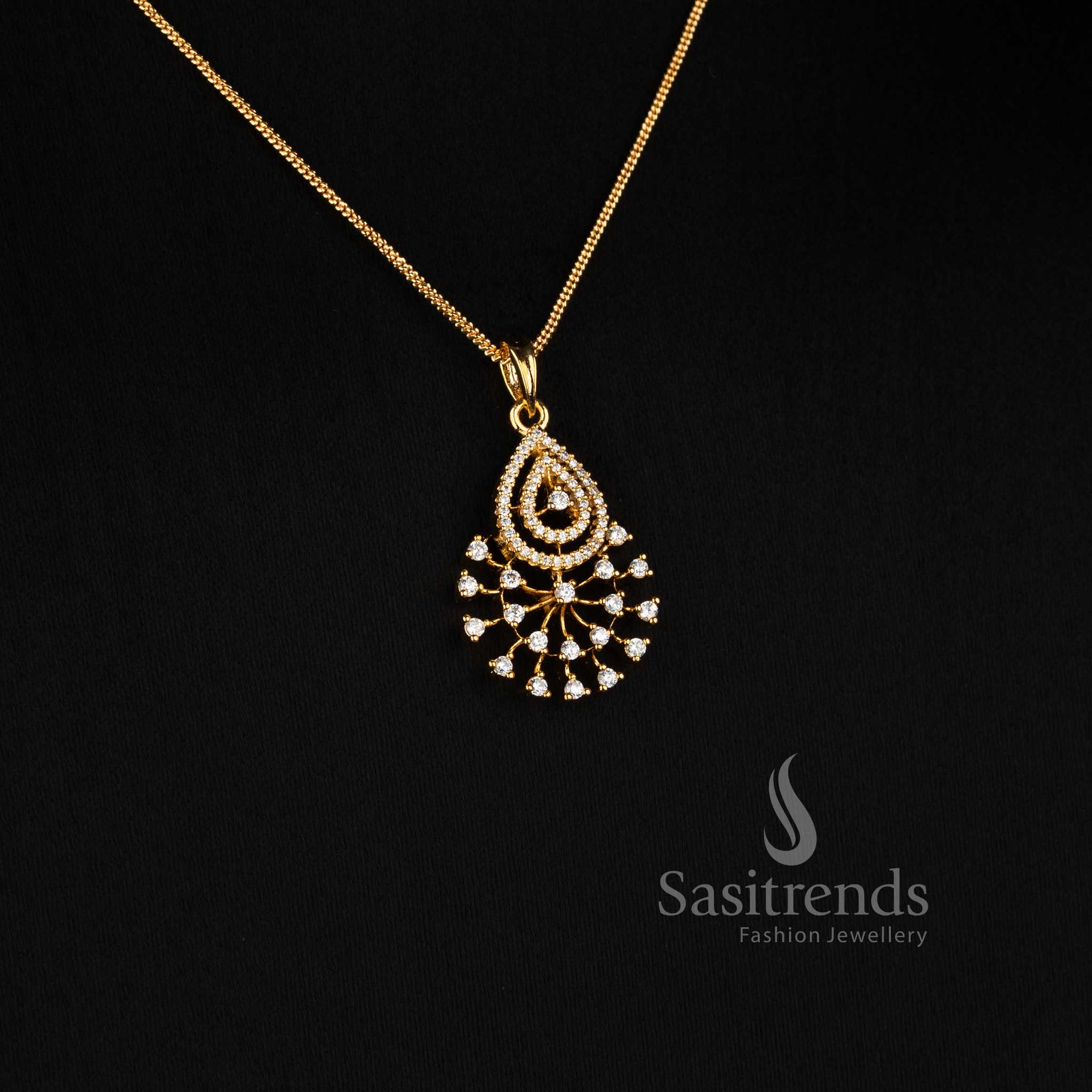 Stunning Micro Gold Plated Teardrop Pendant with Cascading American Diamond Stone Details - Sasitrends