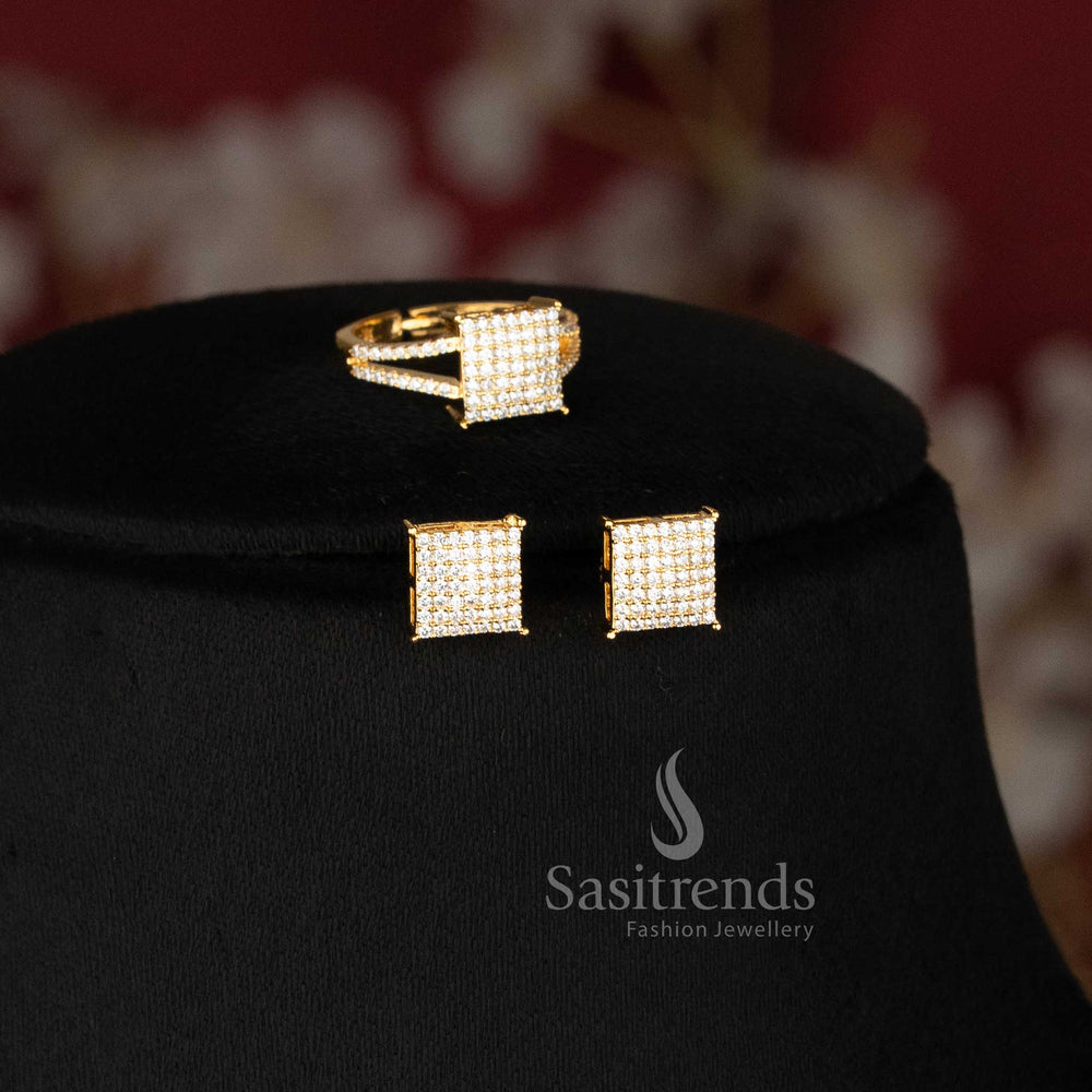 Detailed geometric square pendant, stud earrings and pavé-style finger ring jewellery set Sasitrends