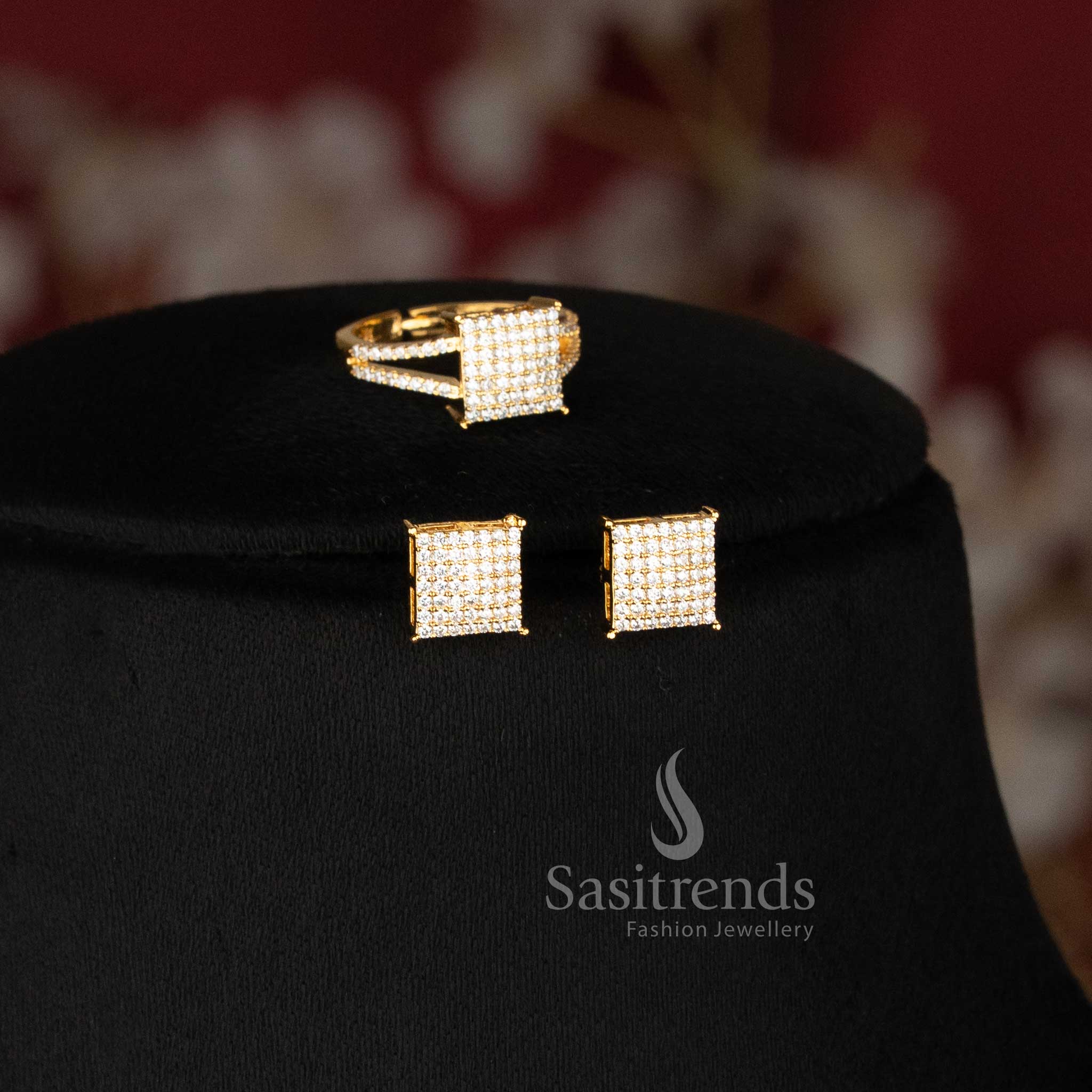 Detailed geometric square pendant, stud earrings and pavé-style finger ring jewellery set Sasitrends