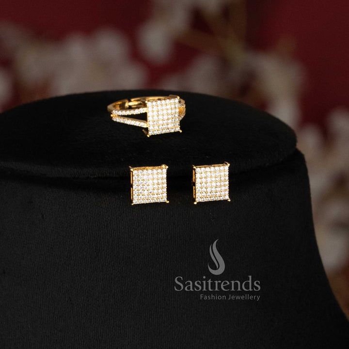 Detailed geometric square pendant, stud earrings and pavé-style finger ring jewellery set Sasitrends