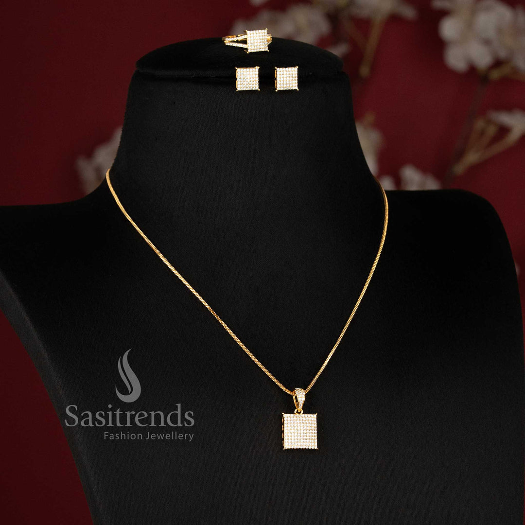 Micro Gold Plated American Diamond Square Pendant Necklace Set with Matching Ring Sasitrends