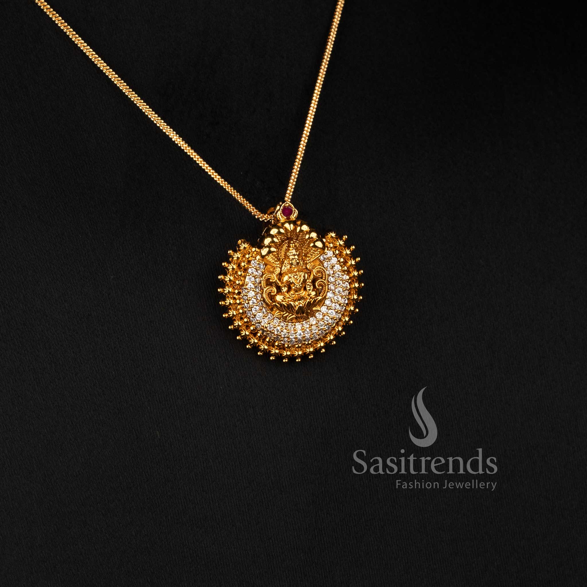 Traditional Goddess Lakshmi American Diamond Necklace Set with Real Gold Look and Guaranteed Quality for Women - Sasitrends
