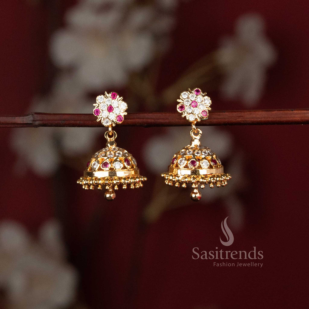 Elegant ruby and diamond floral jhumka earrings for wedding and festive wear - Sasitrends