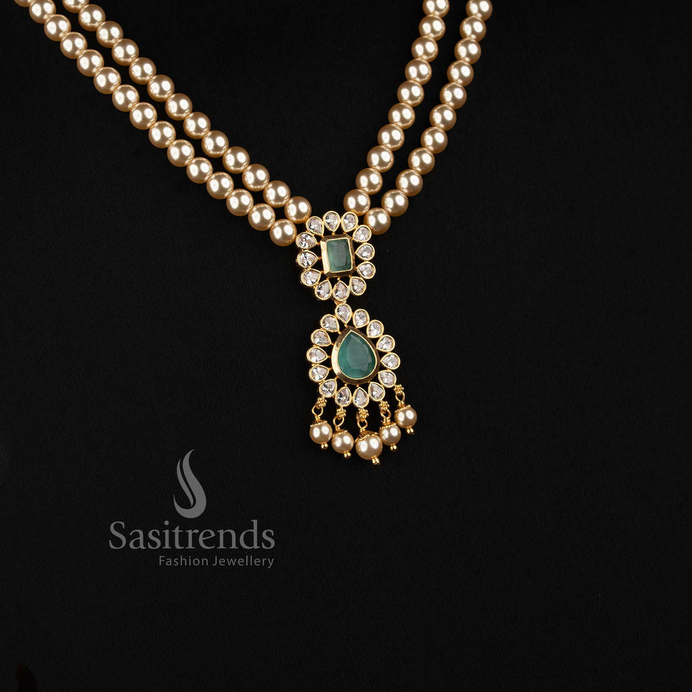 Amazing Micro Gold Plated Double Strand Pearl American Diamond Teardrop Pendant Necklace - Sasitrends