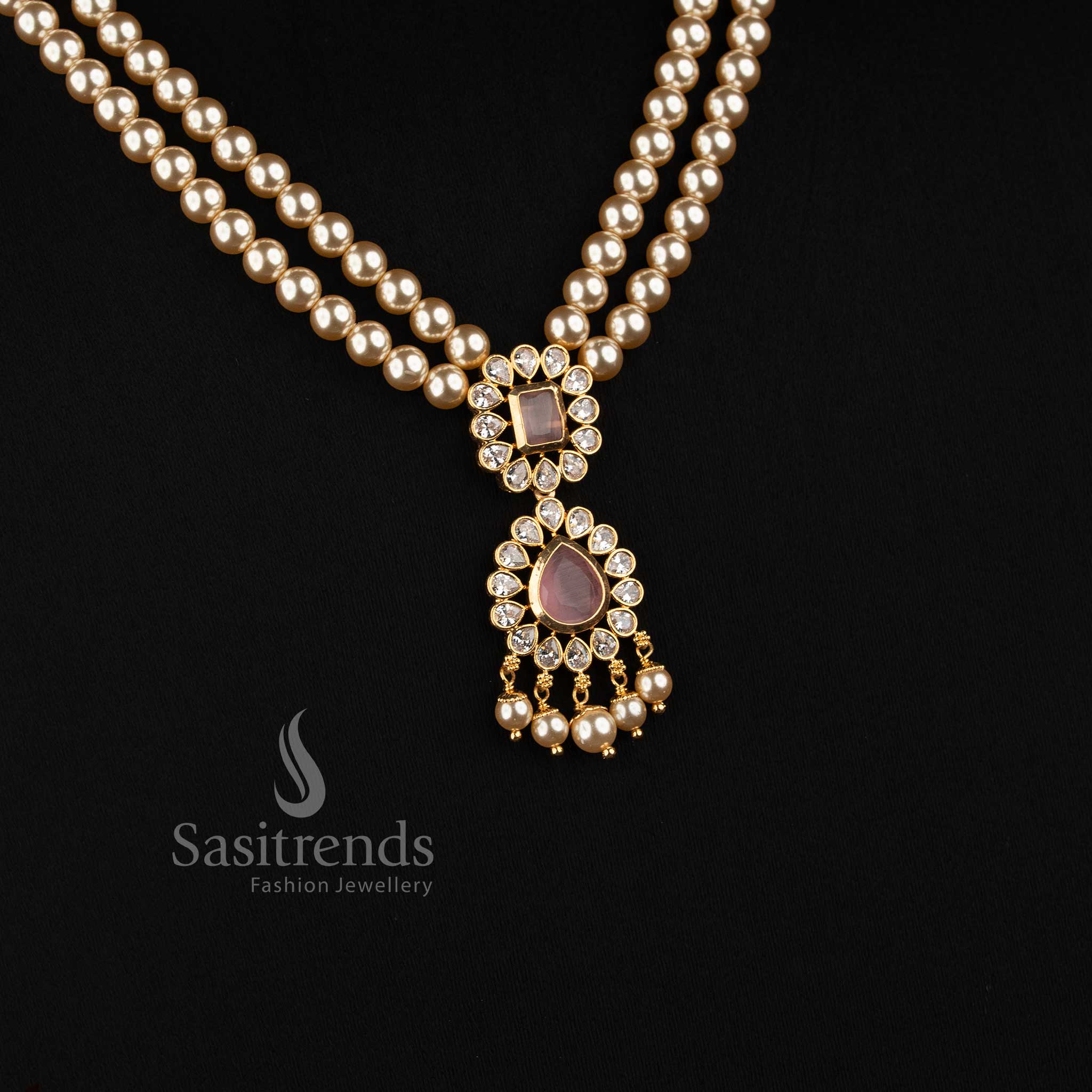 Micro Gold Plated Double Strand Pearl AD Teardrop Pendant Necklace for Women - Sasitrends