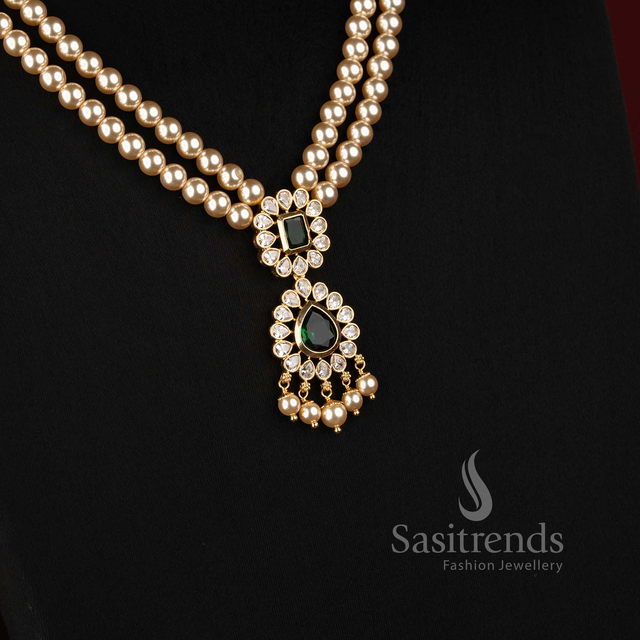 Micro Gold Plated Double Strand Pearl American Diamond Necklace for Women - Sasitrends
