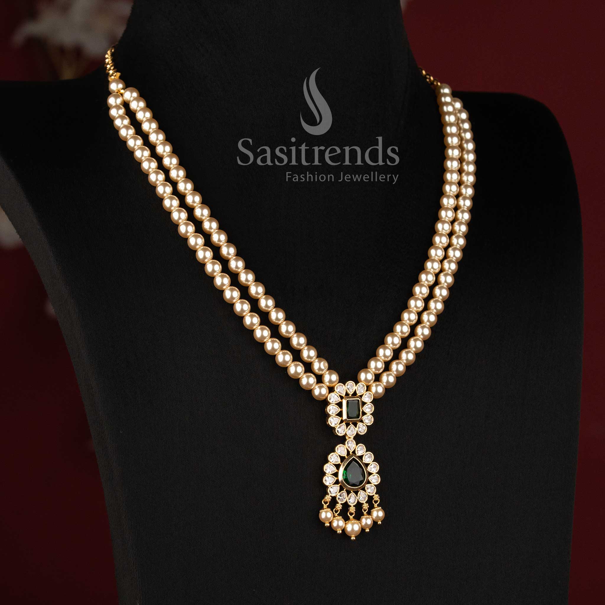 Micro Gold Plated Double Strand Pearl American Diamond Necklace for Women - Sasitrends