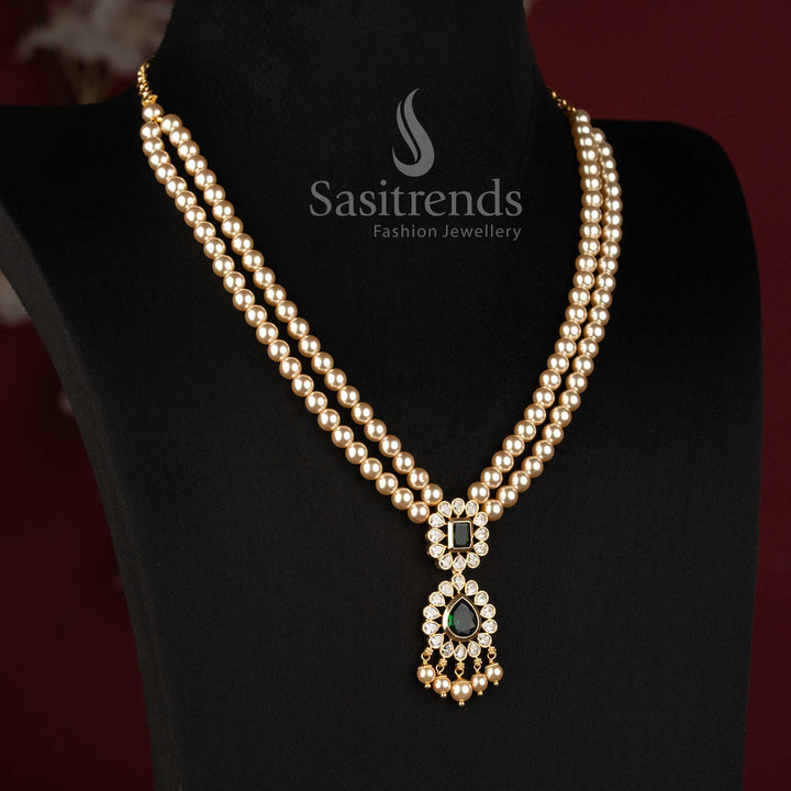 Micro Gold Plated Double Strand Pearl American Diamond Necklace for Women - Sasitrends